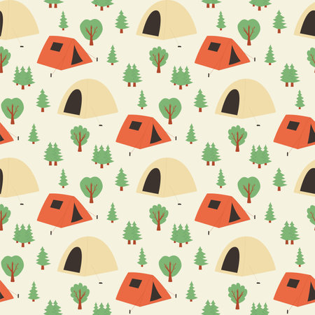 Camping seamless pattern. Tents in forest endless background. Picnic tourism equipment repeat ornament. Vector flat outline illustration.のイラスト素材