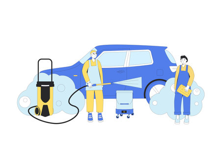 Car wash concept. Vehicle body clean station. Repair auto garage. Car washers prepare to complex wash service. Vector flat illustration.のイラスト素材