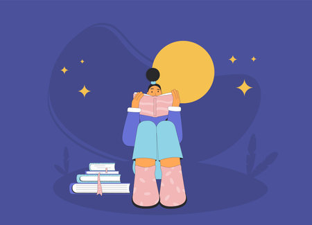 Girl reading at night. Teenager character learning and preparing for the exam. Student learning. Books lover. Vector flat outline illustrationのイラスト素材