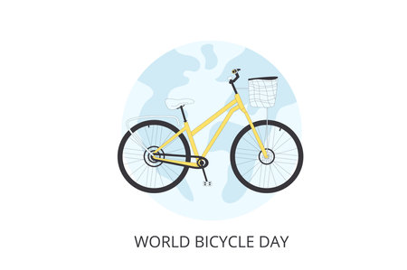 World bicycle day template. Global sport and healthy life holiday greeting card. Bike and planet Earth background. Vector flat line art illustration.のイラスト素材