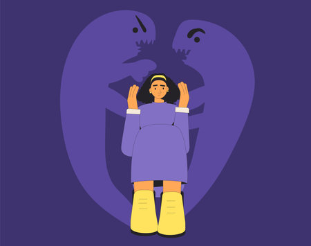 Fear or phobia concept. Sad young woman sitting and suffering. Problems with mental sides. Mental disorder character. Teen girl with bad thoughts. Avoiding social contact. Vector outline illustrationのイラスト素材