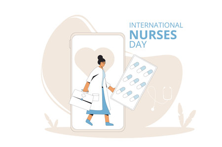 International nurses day text card. Holiday banner. Online treatment telemedicine. Female character and medical symbols flat illustration.のイラスト素材