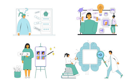 Artificial general intelligence research and prompt engineering set. AGI engineer and coder neuron network collection. Crafting instructions to generate content. Vector flat illustrationのイラスト素材