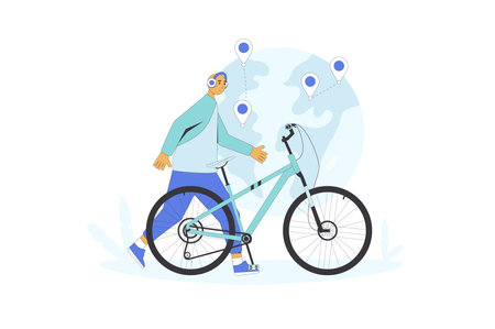 Young man and his bike under navigation emblem background. World bicycle day concept. Sport and healthy life. Vector flat outline illustration.のイラスト素材