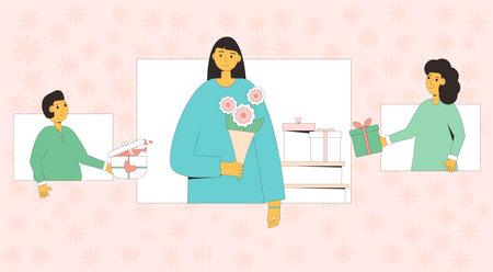 Congratulations woman. Mother's day greeting card. People with flowers bouquet and gifts. Spring happy holiday banner. Festive celebration. Vector flat illustration.のイラスト素材