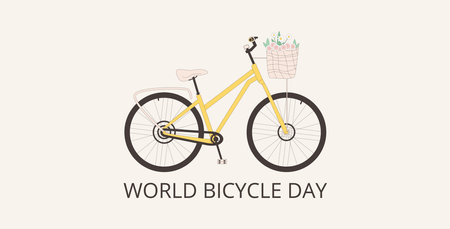 World bicycle day template. Global sport and healthy life holiday banner element. Bike with basket full of flowers. Vector flat outline illustration.のイラスト素材