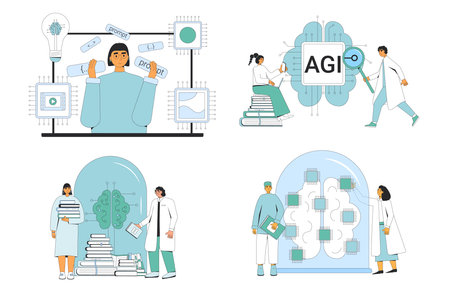 Artificial general intelligence research and prompt engineering set. AI engineer and coder neuron network and technology mind collection. Computer science. Vector flat illustrationのイラスト素材