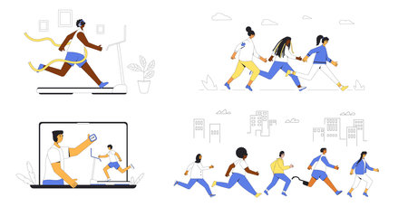 Running people concepts set. Virtual reality sport. Friends runs outdoor and online training on treadmill. Marathon competition and fitness. Vector illustration isolated on white background.のイラスト素材