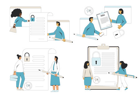 NDA concepts collection. Signing business confidentiality paper set. Job offer. Business deal. Non disclosure agreement. Contract between employee and employer. Vector modern flat illustration.のイラスト素材