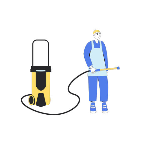 Carwasher isolated on white background. Vehicle body clean station. Vector flat illustration.のイラスト素材