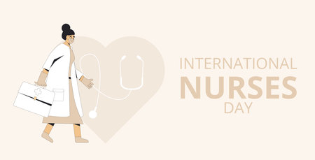 International nurses day text card. Holiday banner. Female character and medical symbols flat illustration.のイラスト素材