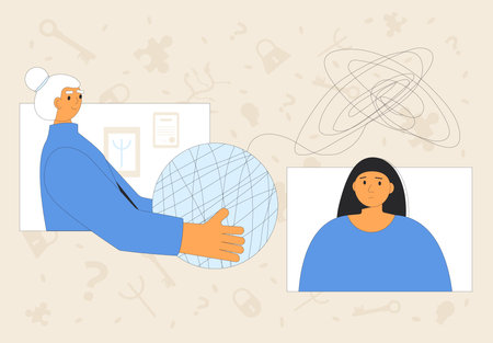 Online Psychologist consulting concept. Private psychotherapy sessions. Therapist and patient talk. Woman telling to psychotherapist about her depression. Vector flat outline illustration.のイラスト素材