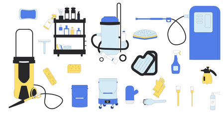 Car wash set. Vehicle clean station collection elements isolated on white background. Vacuum, sponges. Repair auto garage. Vector flat illustration.のイラスト素材