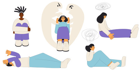 Mental disorder characters set. Young people with anxiety, fear, phobia and depression isolated on white background. Teenage girls and boys with insomnia, burnout and ADHD. Frustrated persons. Vector flat outline illustration.のイラスト素材
