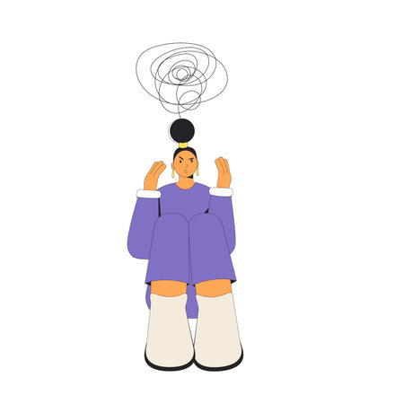 Angry young woman sitting on the floor isolated on white background. Mental disorder character. Teenage girl with ADHD. Frustrated person. Vector flat outline illustration.のイラスト素材