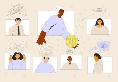 Online psychotherapy group session concept. Psychology consultation. Therapist and patients talk. Psychologist job online. Vector flat outline illustration.のイラスト素材