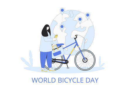 World bicycle day emblem. Global sport and healthy life holiday greeting card. Woman standing near her urban city bike with planet Earth background. Vector flat illustration.のイラスト素材