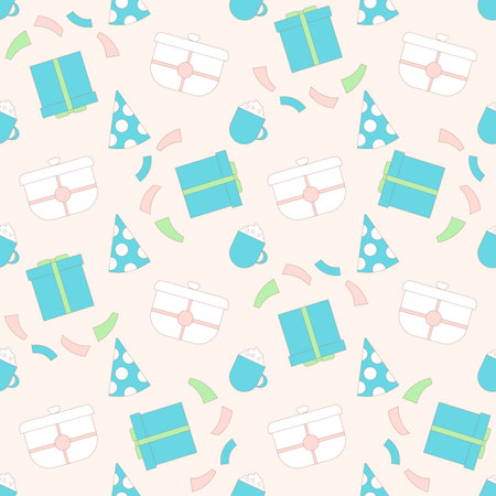 Birthday party seamless pattern. Anniversary celebration endless background. Vector hand drawn illustration.のイラスト素材