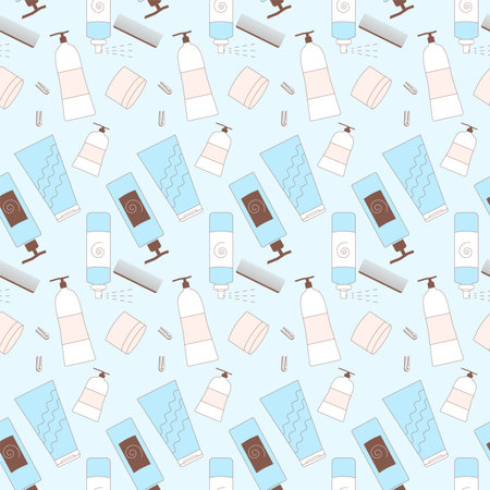 Hair care and styling products seamless pattern. Bottles of gel, comb and clips with shampoo repeat background. Vector outline illustration.のイラスト素材