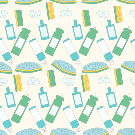 Seamless pattern displaying stylized cleaning equipment, with soft pastel shades of green, yellow, and blue. Vector outline illustration.のイラスト素材