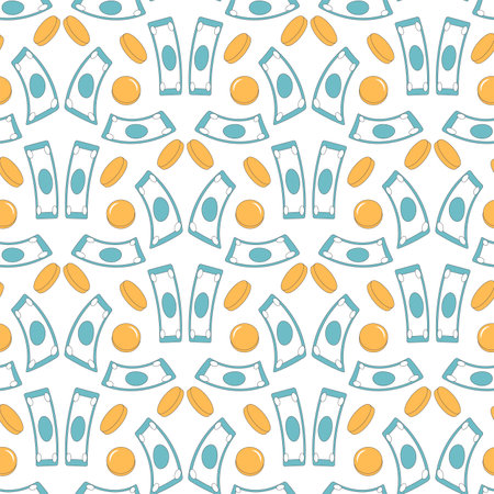 Money seamless pattern. Coins and notes forming a repeatable pattern. Vector outline flat background illustration.のイラスト素材