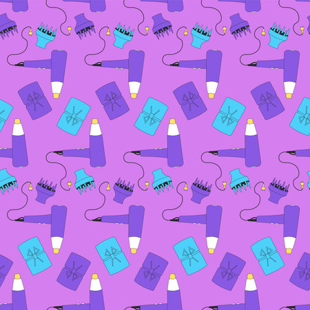 Hair dryer with diffuser and towel repeat background. Seamless pattern of hair styling products for wavy hair. Curly girl method. Vector outline illustration.のイラスト素材