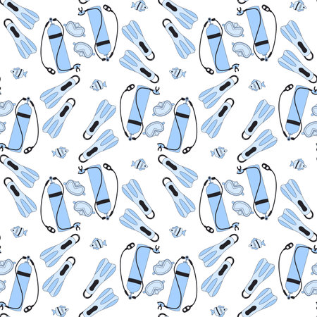 Diving Snorkeling seamless pattern. Scuba dive and underwater swimming endless background. Flippers, mask oxygen tank and fishes. Vector outline flat illustration.のイラスト素材