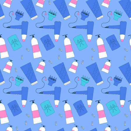 Curly girl method seamless pattern. Hair styling products for wavy hair. Vector retro outline illustration.のイラスト素材