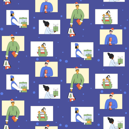 Christmas party online seamless pattern. Happy New Year characters exchange gifts surface design...
