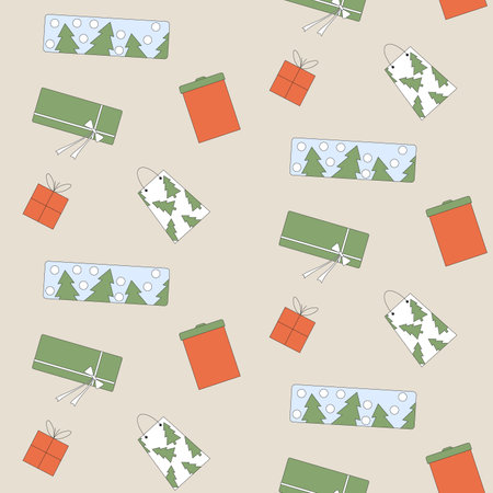 Christmas presents seamless pattern. Happy New Year various gifts surface design background. Vector outline illustration.のイラスト素材