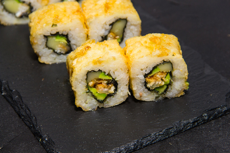 Hot Sushi roll with salmon. Japanese food. 11の写真素材