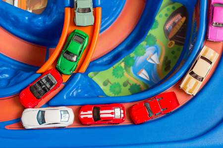 Many scale model toy cars accident on the road. Traffic jam. Stupidity. Top view.の写真素材