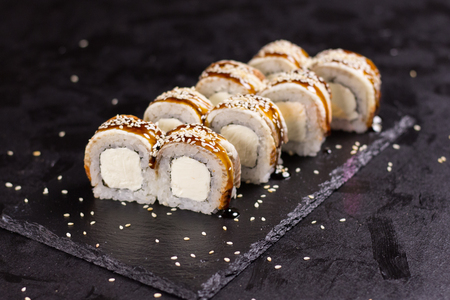 Sushi roll with cream cheese, sesame. Japanese foodの写真素材