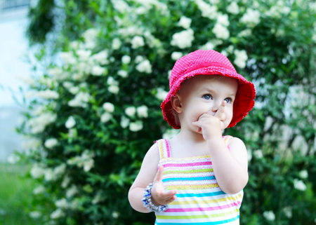 little girl stands near the flowers