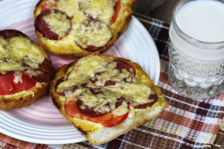 breakfast sandwich with hot milkの写真素材