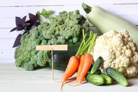 Fresh vegetables rustic on white wooden backgroundの写真素材