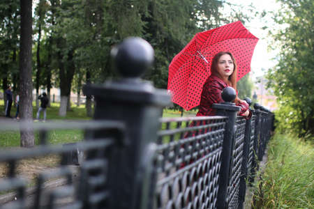 woman with umbrella red on street treeの写真素材