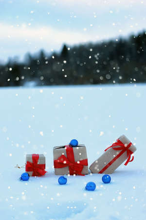 gift box ball on the snowの写真素材