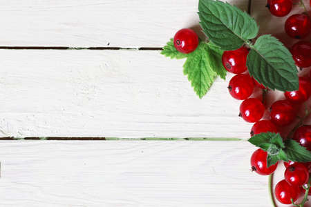 red currant berry on white wooden backgroundの写真素材