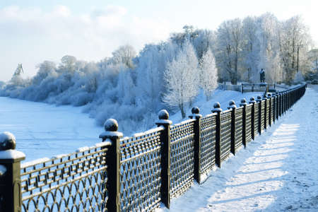 fence covered snow in winter parkの写真素材