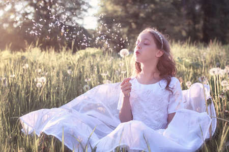 girl with white dress in dandelion fieldの写真素材