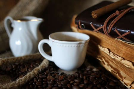 coffee bean and rope on the retro bookの写真素材