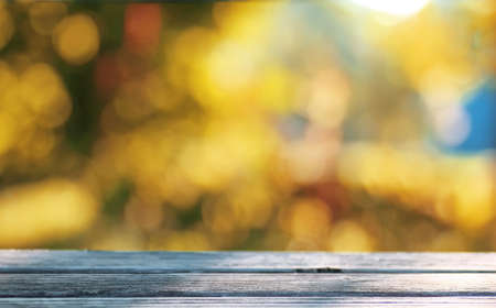 surface of an old wooden table against the background of foliage in late summerの写真素材
