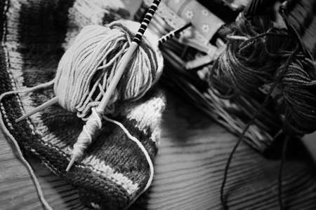 woolen threads and knitting needlesの写真素材