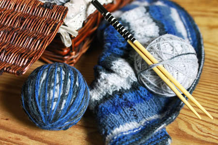 woolen threads  and knitting needlesの写真素材
