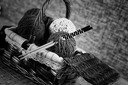 woolen threads of different colors for knitting scarves for the grandchildrenの写真素材