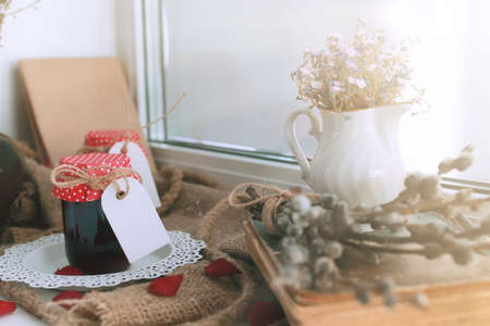 small jars with homemade food prepared at home with loveの写真素材