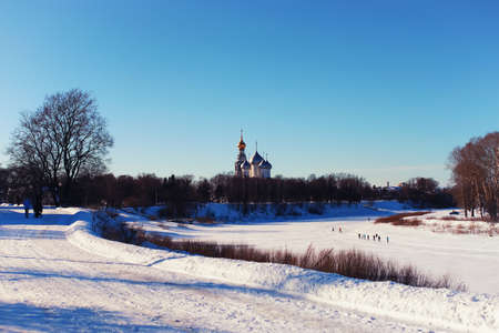 large suburban landscape of the park on a sunny winter dayの写真素材