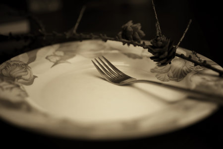 black and white picture fork on an empty plate diningの写真素材