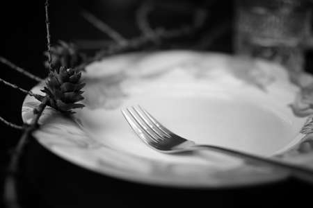 black and white picture fork on an empty plate diningの写真素材
